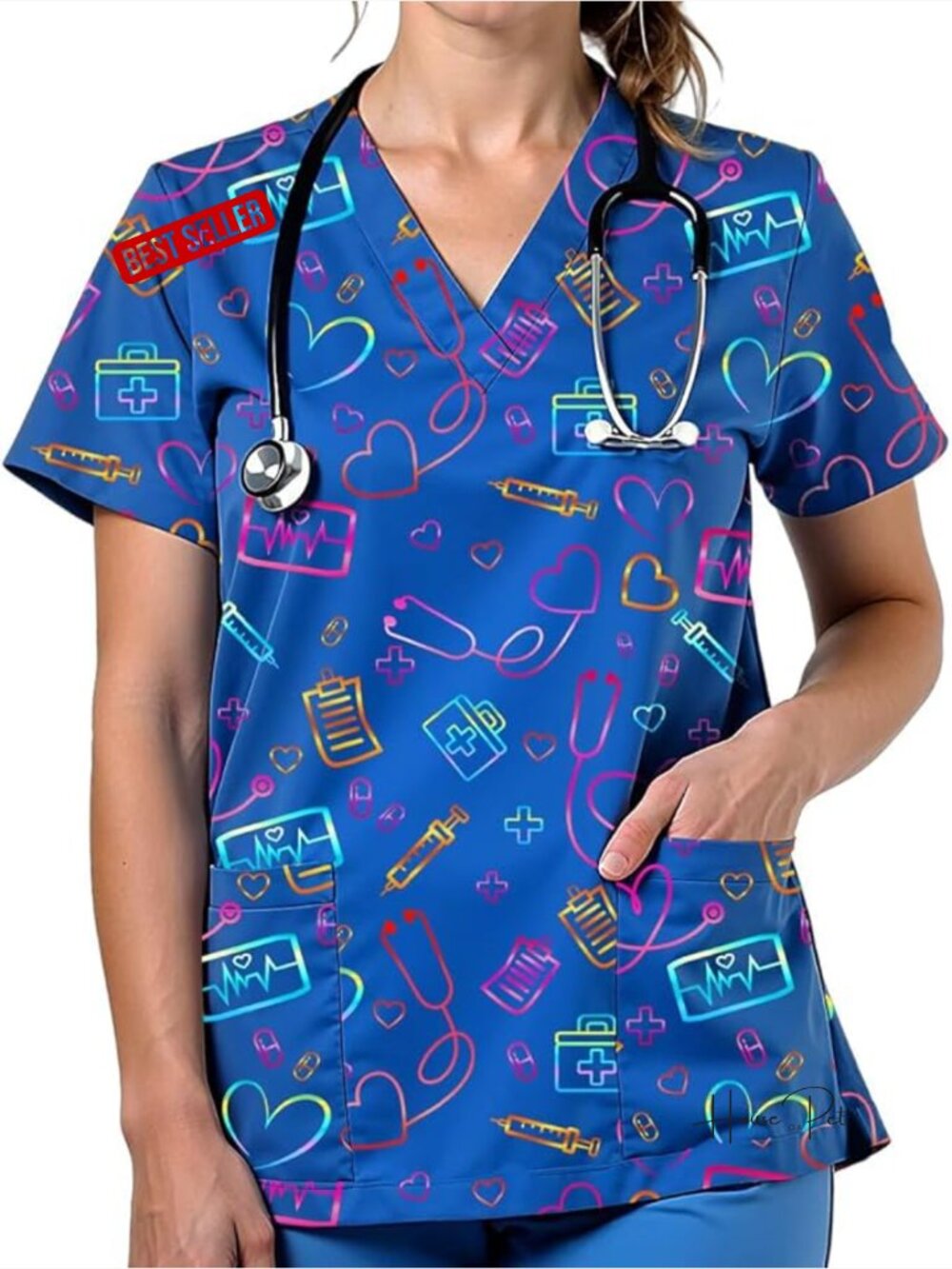 V Neck Cute Printed Scrub Top Medical Nurse Shirt Soft Casual Uniform With 2